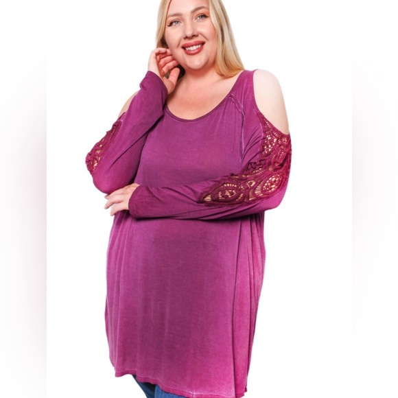Love, Fire Cold Lace Shoulder Tunic, Magenta - Picture 1 of 8